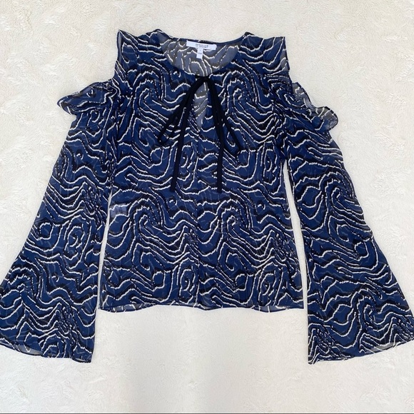 10 Crosby Derek Lam ruffled open shoulder belle sleeve sheer silk blouse blue 2 - Picture 4 of 12